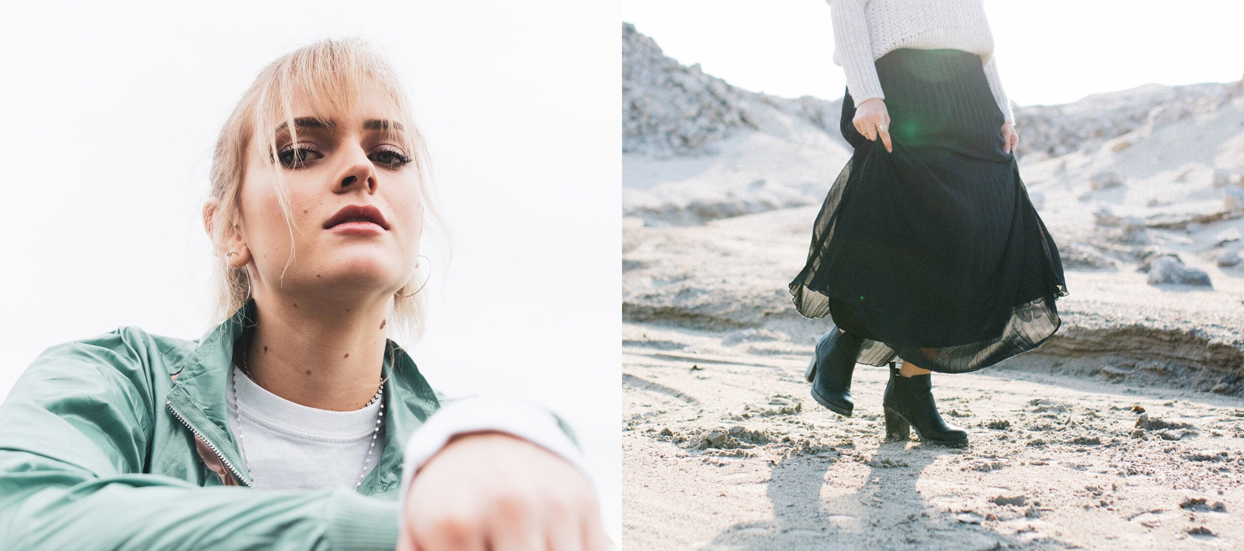 Woman in a dark green windbreaker looking forward and another woman in black skirt walking on a beach.