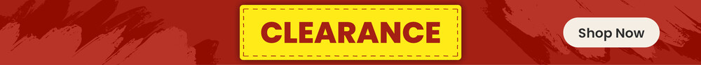 Red painted background with bright yellow box on it saying Clearance'. Clicking leads to all clearance products.