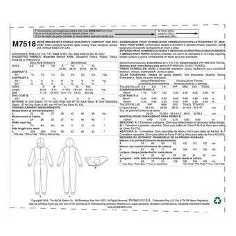McCall&rsquo;s Family Onesies Sewing Pattern M7518 (S-XL)