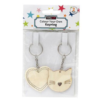 Colour Your Own Heart and Cat Wooden Keyring 2 Pack