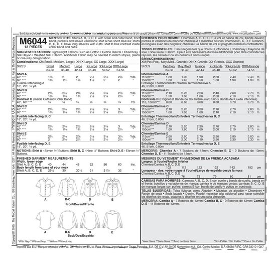 McCall&rsquo;s Men&rsquo;s Shirts Sewing Pattern M6044 (XL-XXXL) image number 2