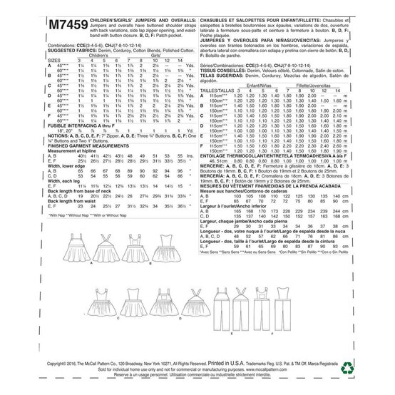 McCall&rsquo;s Girls&rsquo; Overalls Sewing Pattern M7459 (3-6) image number 2