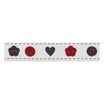 Red and Grey Buttons Satin Ribbon 16mm x 4m