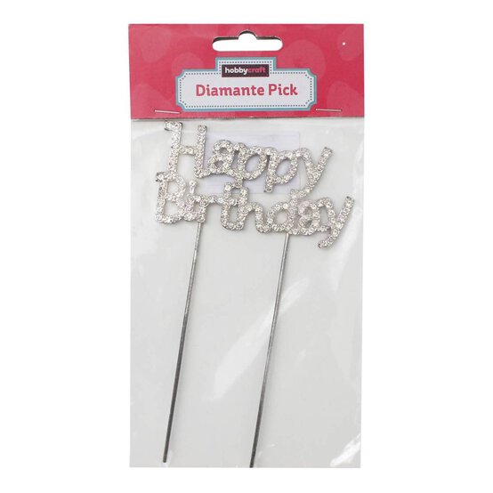 Silver Happy Birthday Diamante Cake Pick image number 2