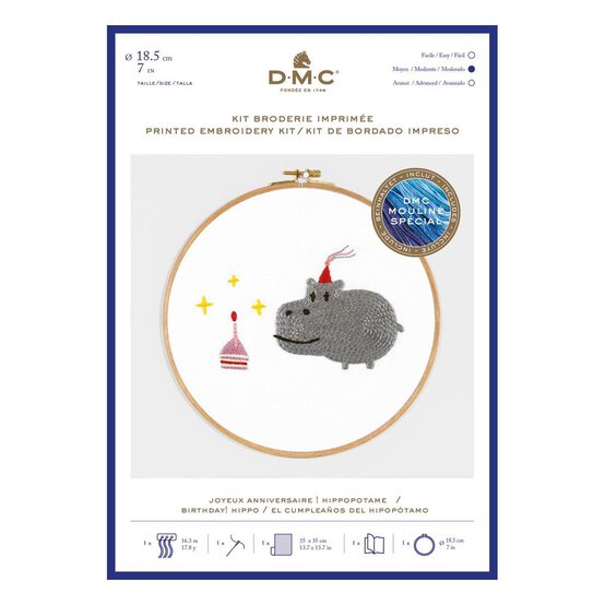DMC Birthday Hippo Printed Embroidery Kit 18.5cm image number 1