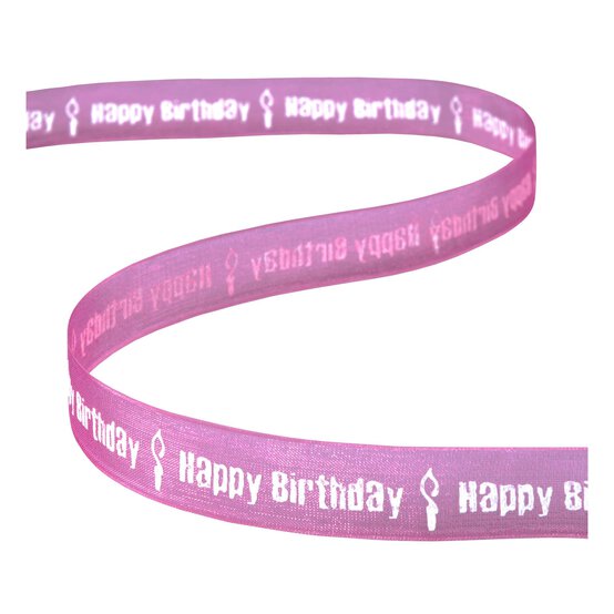 White On Hot Pink Happy Birthday Ribbon 15mm x 3.5m image number 2