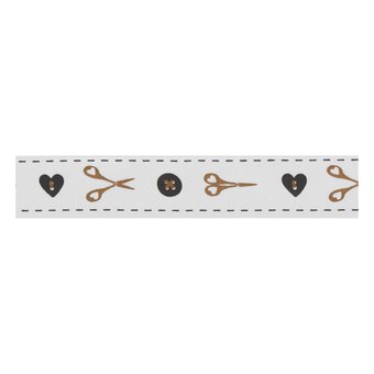 Gold and Grey Buttons and Scissors Satin Ribbon 16mm x 4m