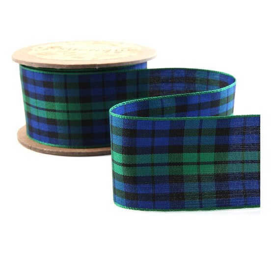 Blue Tartan Ribbon 36mm x 5m image number 2