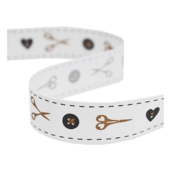 Gold and Grey Buttons and Scissors Satin Ribbon 16mm x 4m