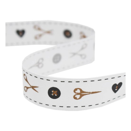 Gold and Grey Buttons and Scissors Satin Ribbon 16mm x 4m image number 1