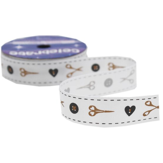 Gold and Grey Buttons and Scissors Satin Ribbon 16mm x 4m image number 3