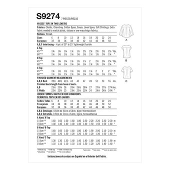 Simplicity Tops in Two Lengths Sewing Pattern S9274 (6-14)