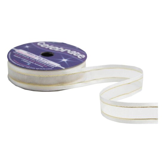 White Organza Gold Satin-Edged Ribbon 12mm x 5m image number 2