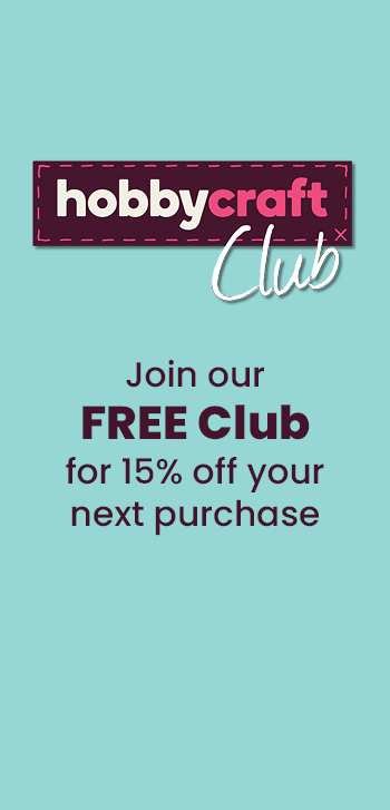 Hobbycraft Club logo on a light blue background with text saying 'Join our FREE Club for 15% off your next purchase' underneath. Clicking takes you to the create account page.